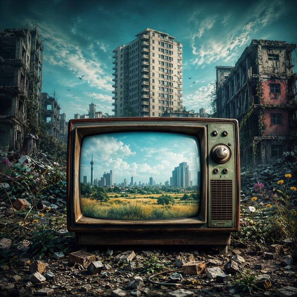 Laatste Uitzending – oude televisie schilderij in verlaten stad