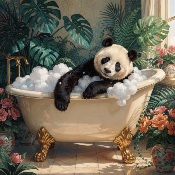 Dromende panda in vintage bad – botanische badkamer kunst