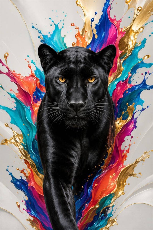Kracht uit de Schaduw – zwarte panter schilderij met kleur en goud