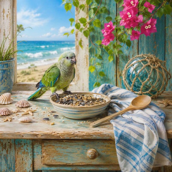 Zeegevoel op Tafel – papegaai strand zee schilderij landelijk coastal bloemen schelpen
