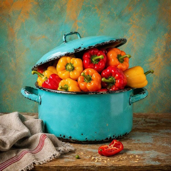 Paprikaparade – landelijk schilderij met kleurrijke paprika's in vintage emaille pan