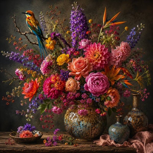 Paradijselijke Weelde – Bloemen schilderij met exotische vogel