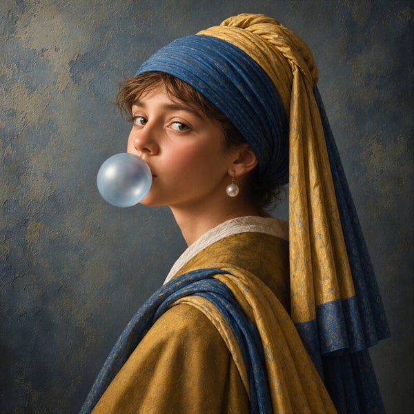 Parel met een Knipoog – Meisje met de Parel schilderij met kauwgombel in blauw en oker