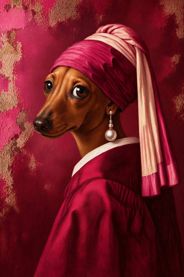 Parelblik in Fuchsia – hond schilderij met pareloorbel in roze en bordeaux
