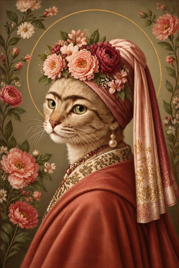 Parelkat in Rozenbloei – kat schilderij met pareloorbel en bloemen in oudroze