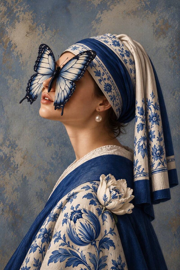 Parelvlinder in Delfts Blauw – vrouw schilderij met blauwe vlinder en pareloorbel