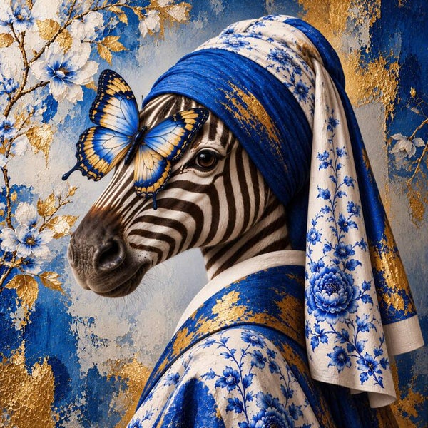 Parelzebra in Delfts Goud – zebra schilderij met vlinder in blauw, wit en goud