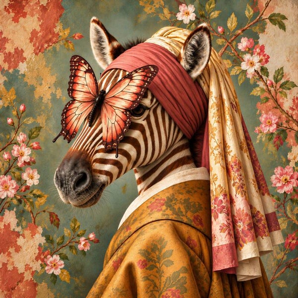 Parelzebra in Okerbloei – zebra schilderij in okergeel met vlinder en bloemen