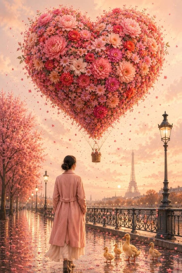 Parijse Liefdesvlucht – romantisch schilderij met bloemenhart, eenden en Eiffeltoren