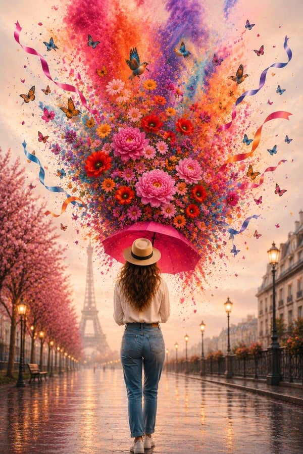 Parijse Bloemenregen – kleurrijk schilderij met bloemenexplosie