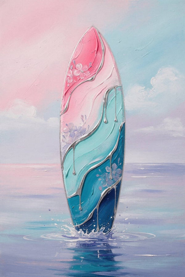 Pastel Wave – surfplank schilderij tienerkamer strandhuis roze turquoise