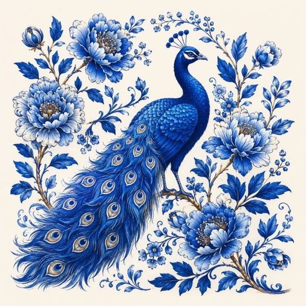 Pauw van Delft – Delfts blauw pauw schilderij met bloemen