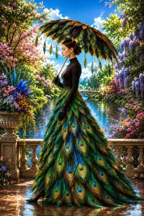 Pauwencouture – vrouw schilderij met pauwenveren jurk en parasol