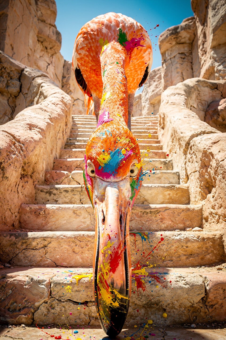 Color Hunter – schilderij flamingo met kleur op trap in canyon