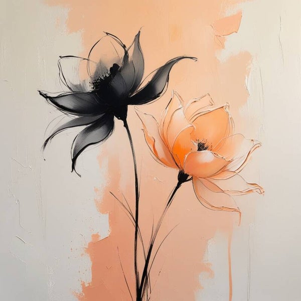 Perzik Noir Bloemen – abstract bloemenschilderij in perzik en zwart