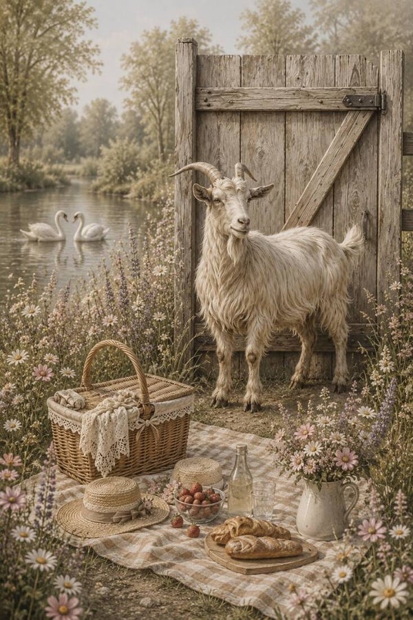 Picknick aan de Oever – landelijk schilderij met geit en bloemenweide