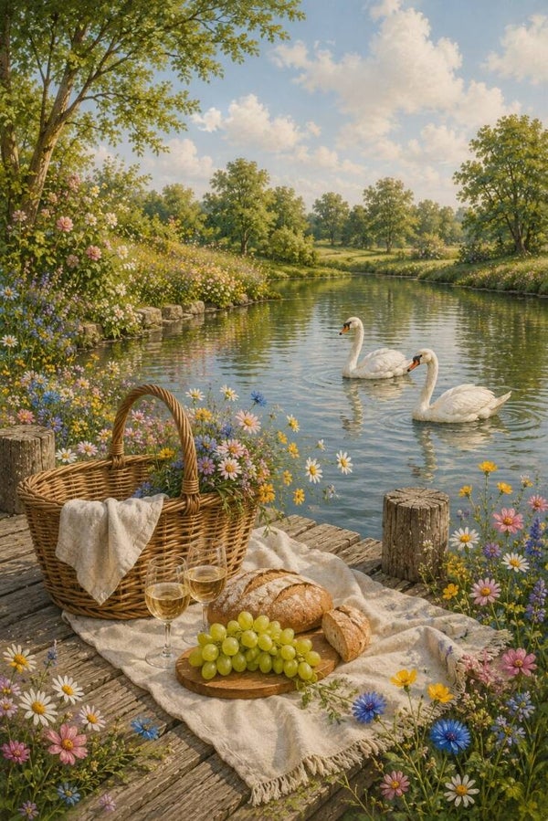 Picknick aan het Water – landelijk schilderij met zwanen en bloemen