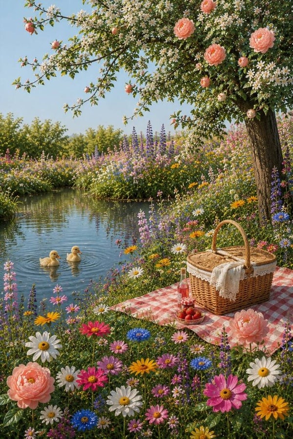 Picknick tussen Bloemen – landelijk schilderij met eendjes en bloemenweide