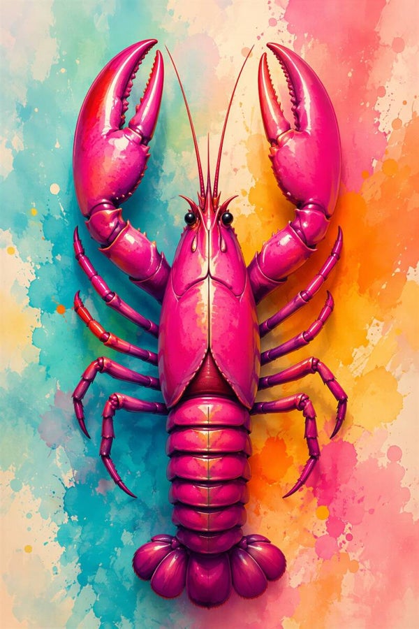 Pink Lobster Splash – roze kreeft schilderij met kleurrijke abstracte achtergrond