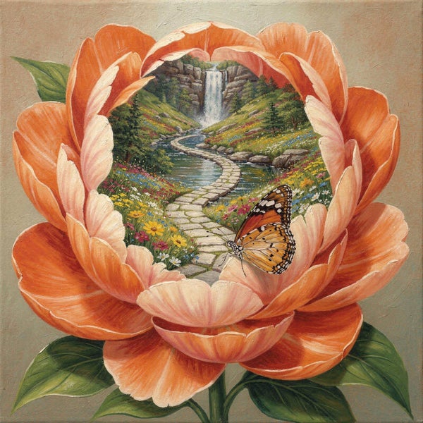 Bloementuin van Rust – landschap schilderij met pioenroos en waterval