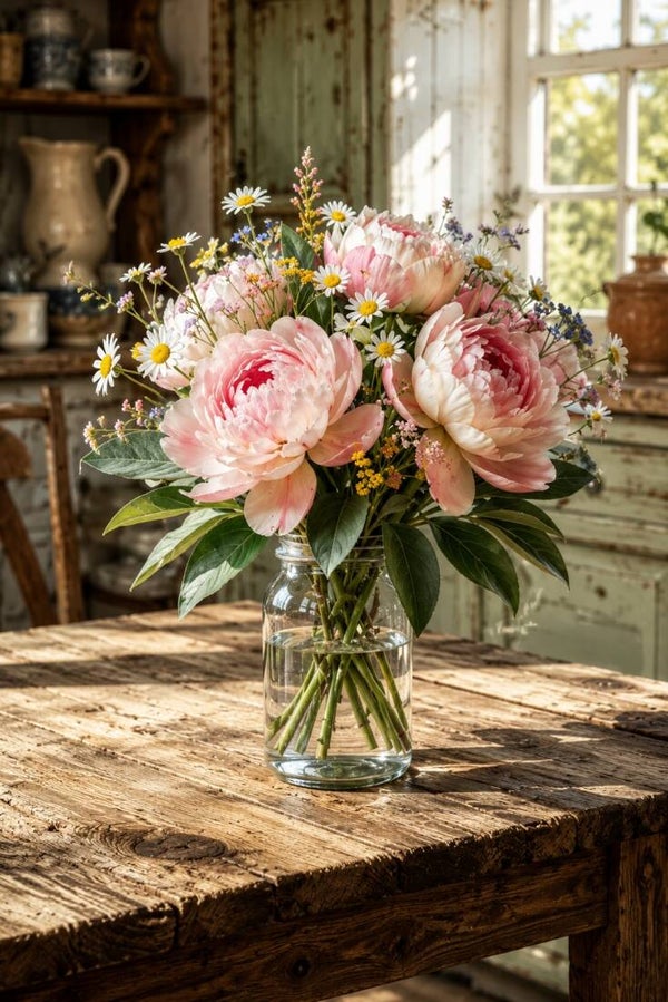 Pioenrozen op de Keukentafel – landelijk schilderij met bloemen