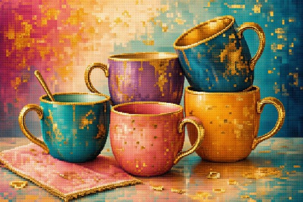 Kleurrijk Koffiemoment – Pixel art met mokken en gouden accenten