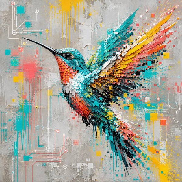 Pixel Flight – Kolibrie Street Art Schilderij Turquoise en Oranje