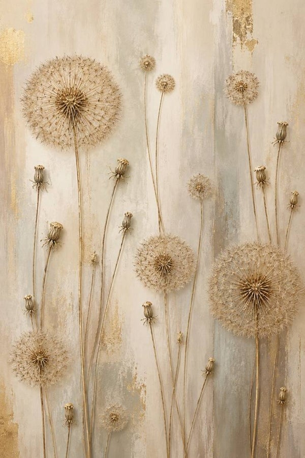 Pluimen van Stilte – paardenbloem schilderij in zachte aardetinten