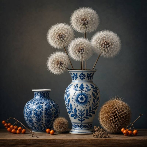 Pluisjes van Delft – Delfts blauwe vazen met paardenbloemen