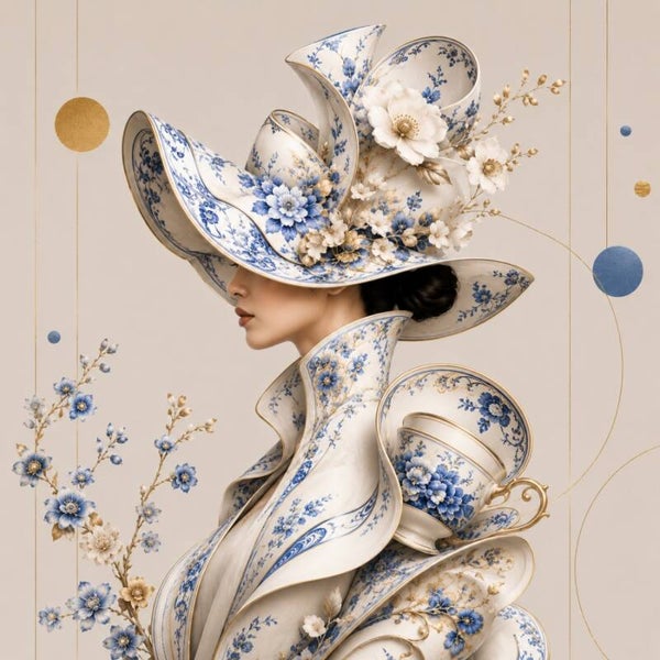 Porcelain Couture – Delfts blauw schilderij met serviesjurk en bloemen