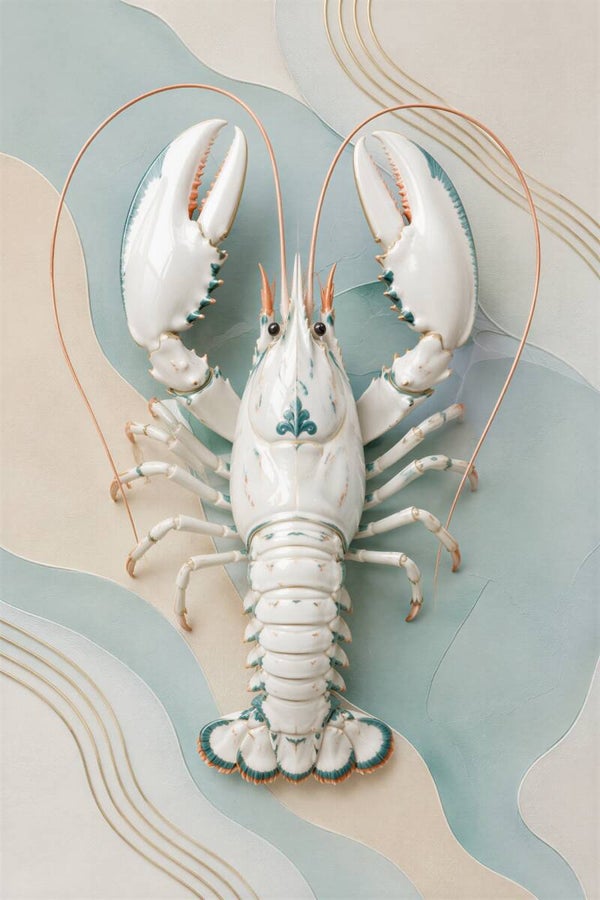 Porcelain Tide – witte kreeft schilderij met mintgroene abstracte vormen