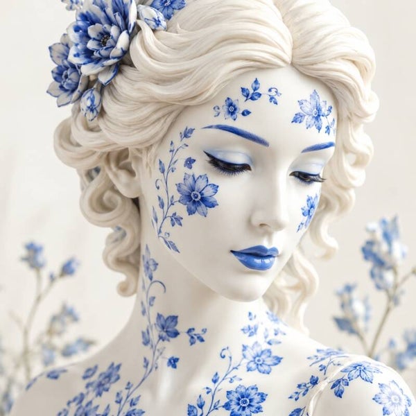 Porseleinen Bloesem – Delfts blauw vrouwenportret met bloemen