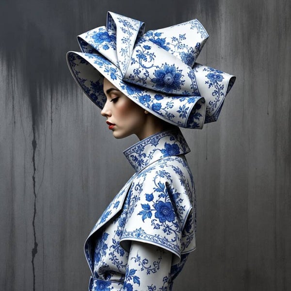 Porseleinen Couture – Delfts blauw modeportret in designstijl