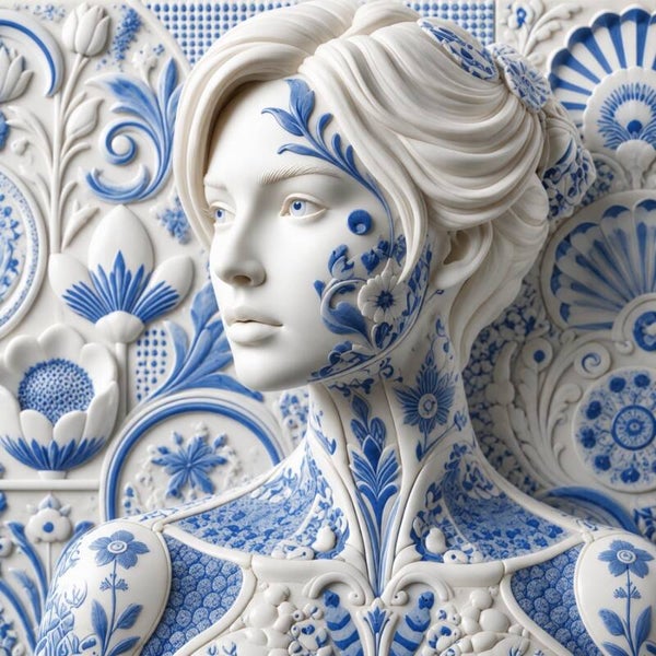 Porseleinen Erfgoed – Delfts blauw vrouwenportret met reliëfpatronen