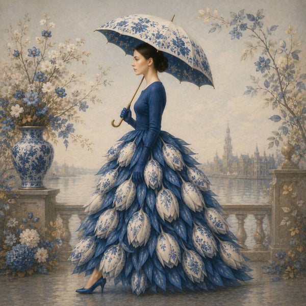 Parijse Bloemblaadjes – Delfts blauw kunstwerk met tulpenjurk