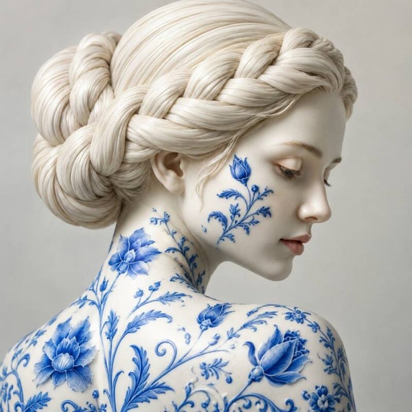 Porseleinen Rust – Delfts blauw vrouwenportret met bloemmotieven