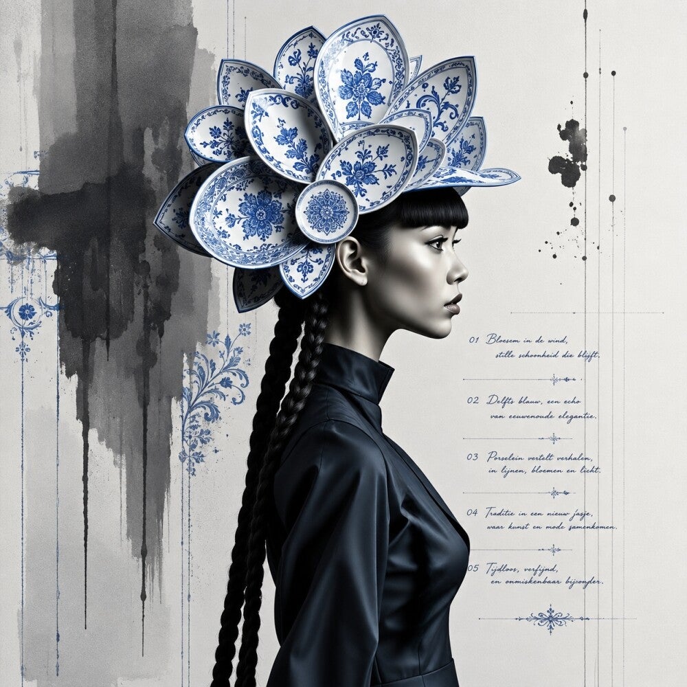 Porseleinkroon – Delfts blauw portret schilderij met bloemenhoofdtooi