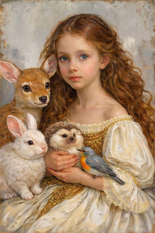 Gouden Tederheid – portret schilderij meisje met hertje, konijn en egel