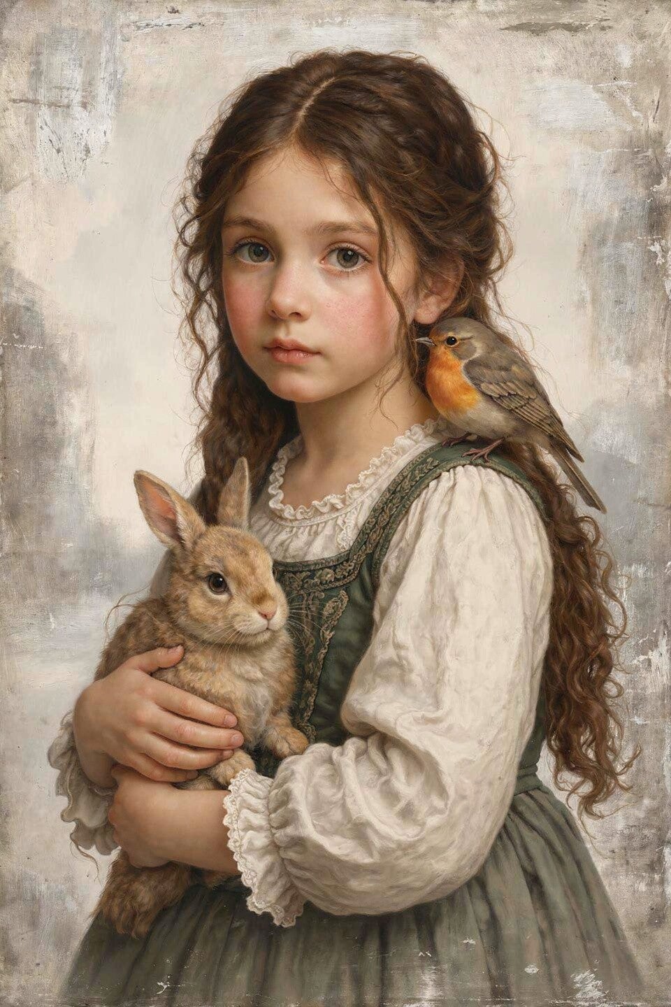Stil Verborgen – portret schilderij meisje met konijn en vogel