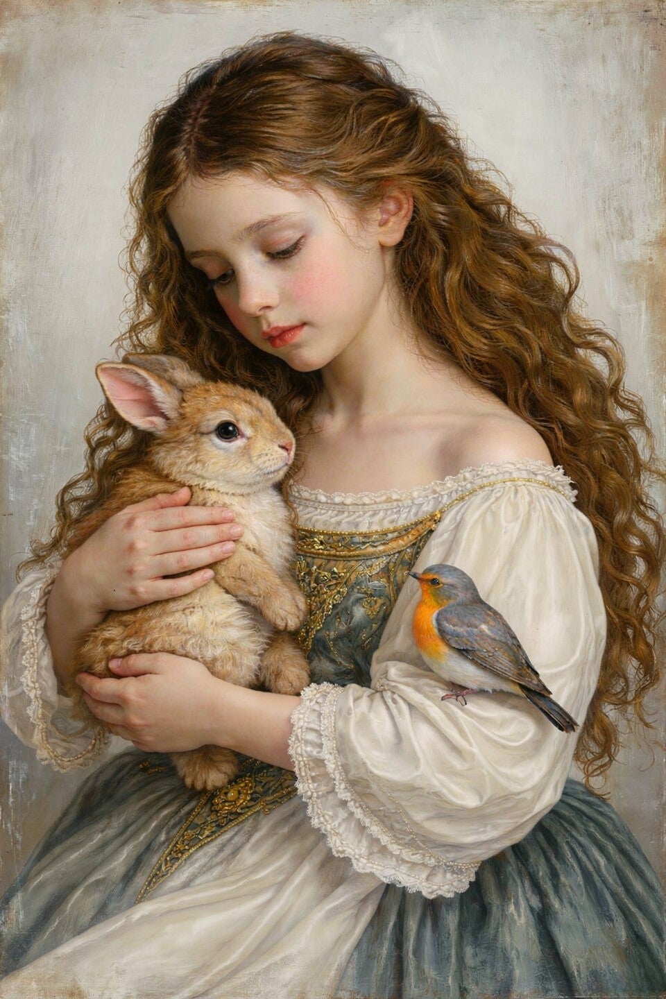Tederlicht – portret schilderij meisje met konijn en vogel