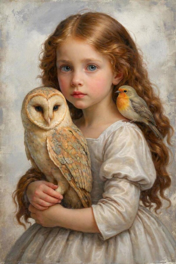 Fluisterlicht – portret schilderij meisje met uil en vogel