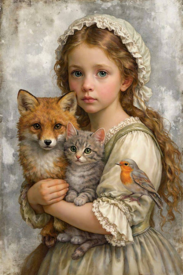 Zacht Verbond – portret schilderij meisje met vos, kat en vogel
