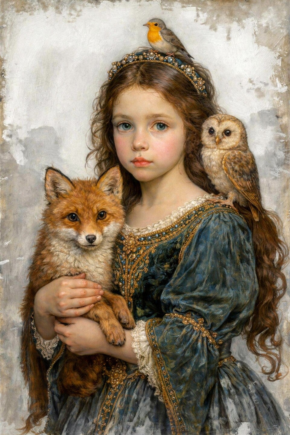 Gouden Bewaakster – portret schilderij meisje met vos, uil en vogel
