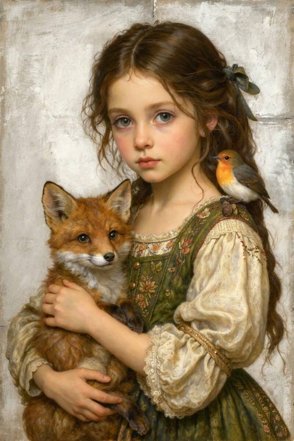 Bosfluistering – portret schilderij meisje met vos en vogel