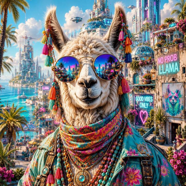 No Prob Llama – kleurrijke lama met zonnebril schilderij