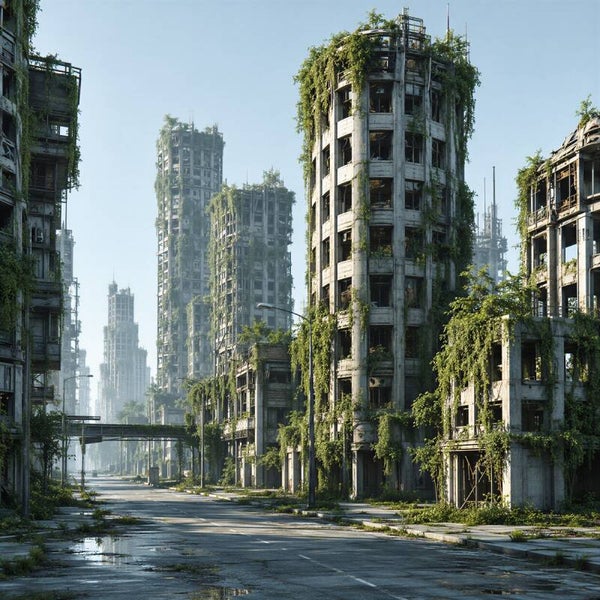 Post-Apocalypse City – verlaten stad overgenomen door natuur schilderij