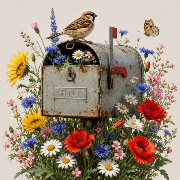 Post uit de tuin – landelijk schilderij met musje en veldbloemen