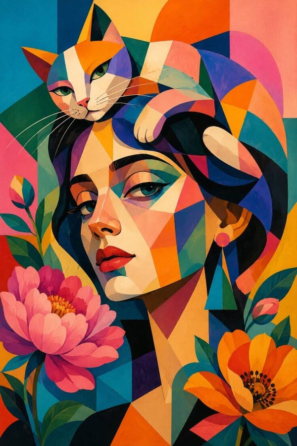 Prismabloei – abstract vrouw schilderij met kat en bloemen