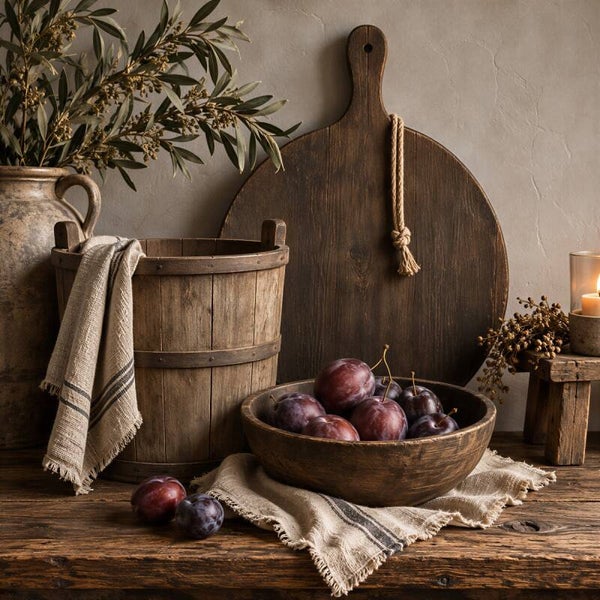 Pruimen op Hout – landelijk sober keuken schilderij met houten schaal