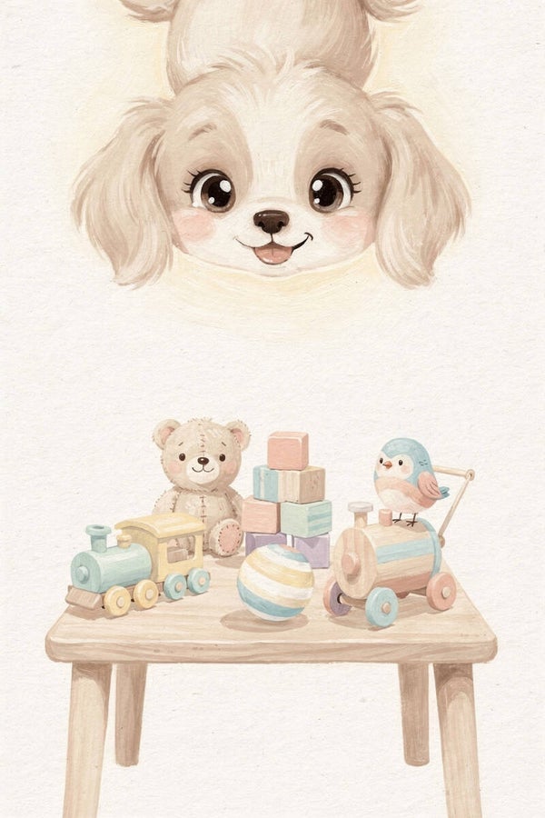 Speelgoedmoment – puppy en houten speelgoed schilderij kinderkamer